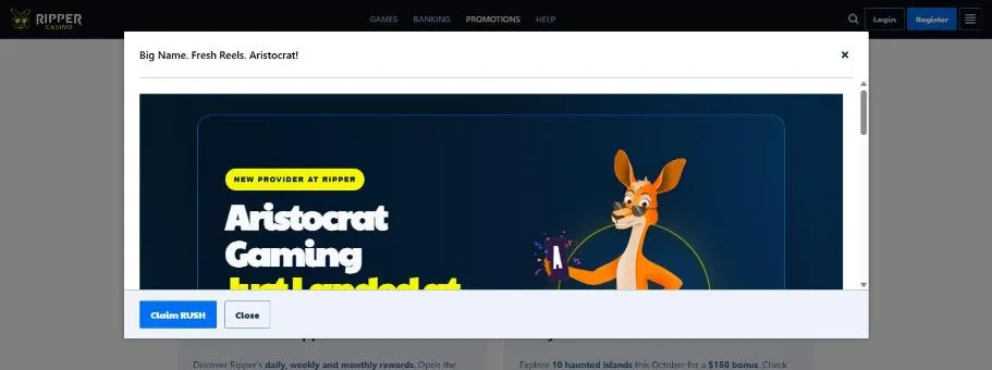 Aristocrat Gaming launch bonus card with code RUSH