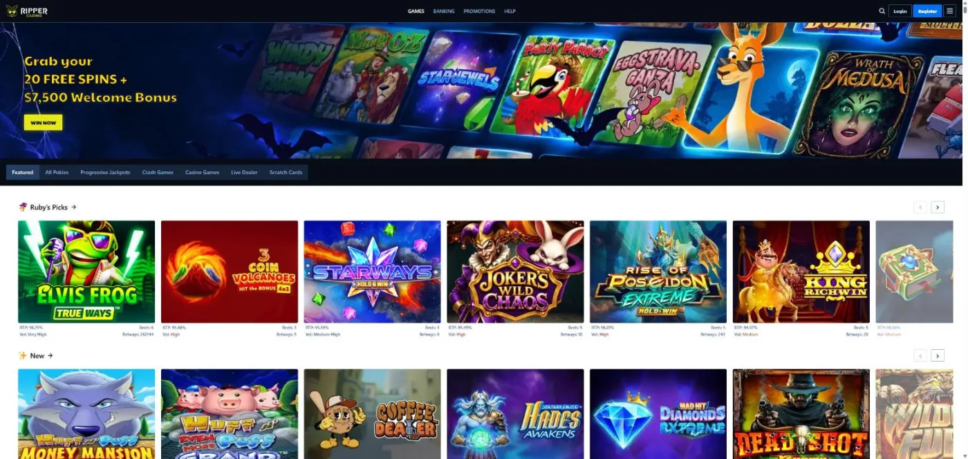 Ripper Casino homepage with the 20 free spins and A$7,500 welcome banner