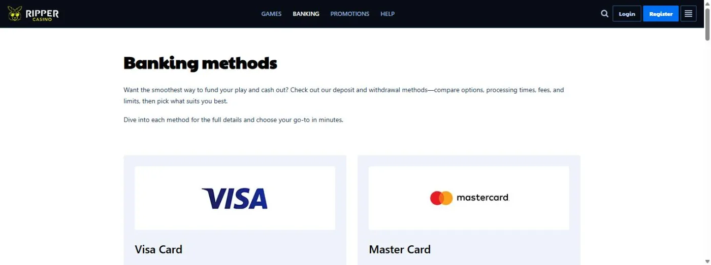 Ripper banking page listing card and crypto methods