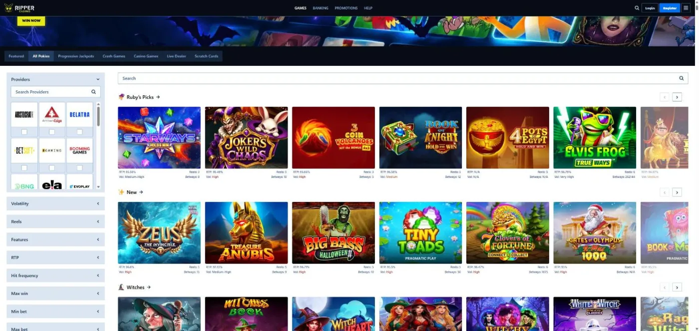 Ripper Casino games lobby with pokies rails and lobby filters