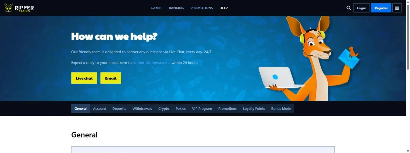 Ripper Help Centre with FAQ categories and contact buttons