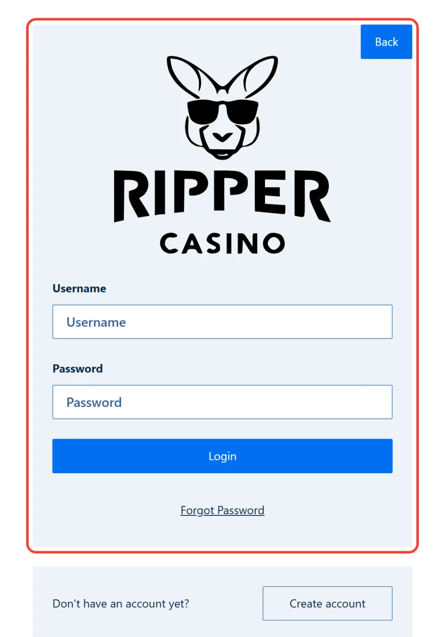 Ripper Casino login page with username and password fields