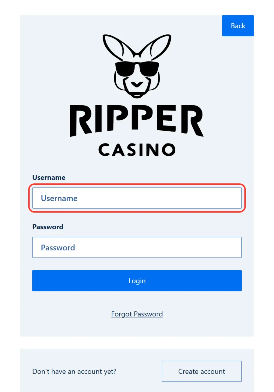 Username field on the Ripper Casino login page