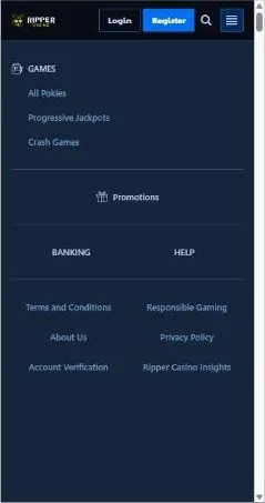 Ripper mobile menu with games, banking and help sections