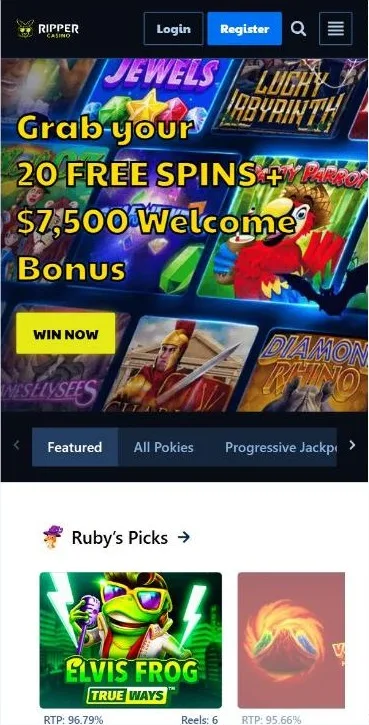 Ripper Casino home screen opened in a mobile browser