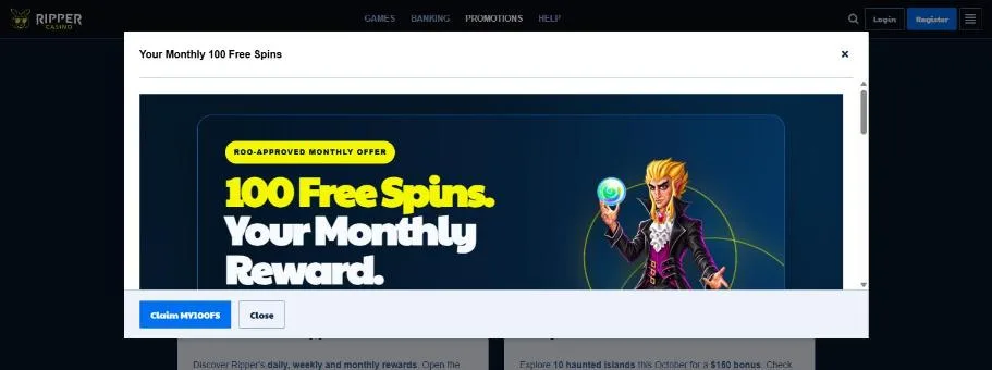 Monthly 100 free spins reward card at Ripper