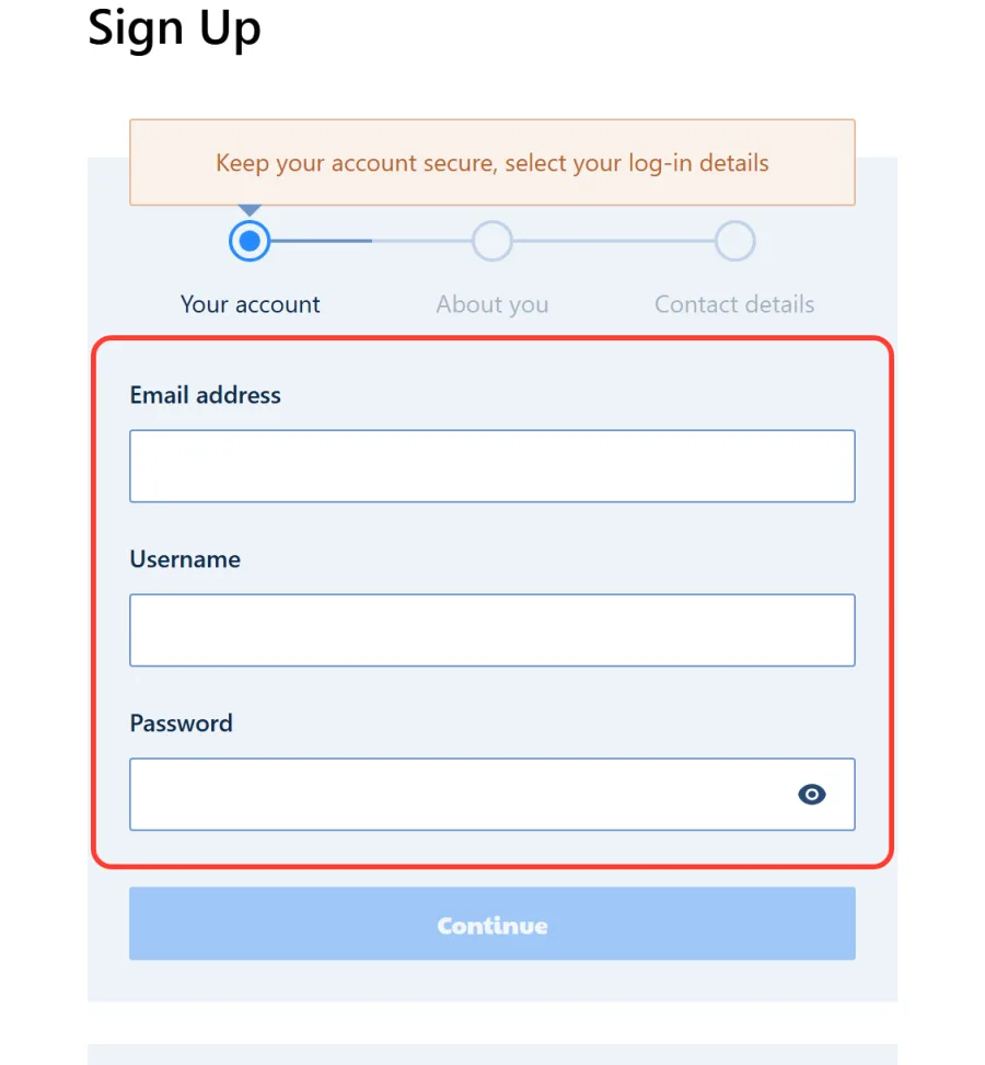 Email, username and password fields in step one of the Ripper sign up form