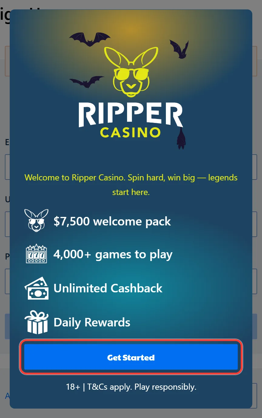 Get Started button on the Ripper sign up welcome pop-up