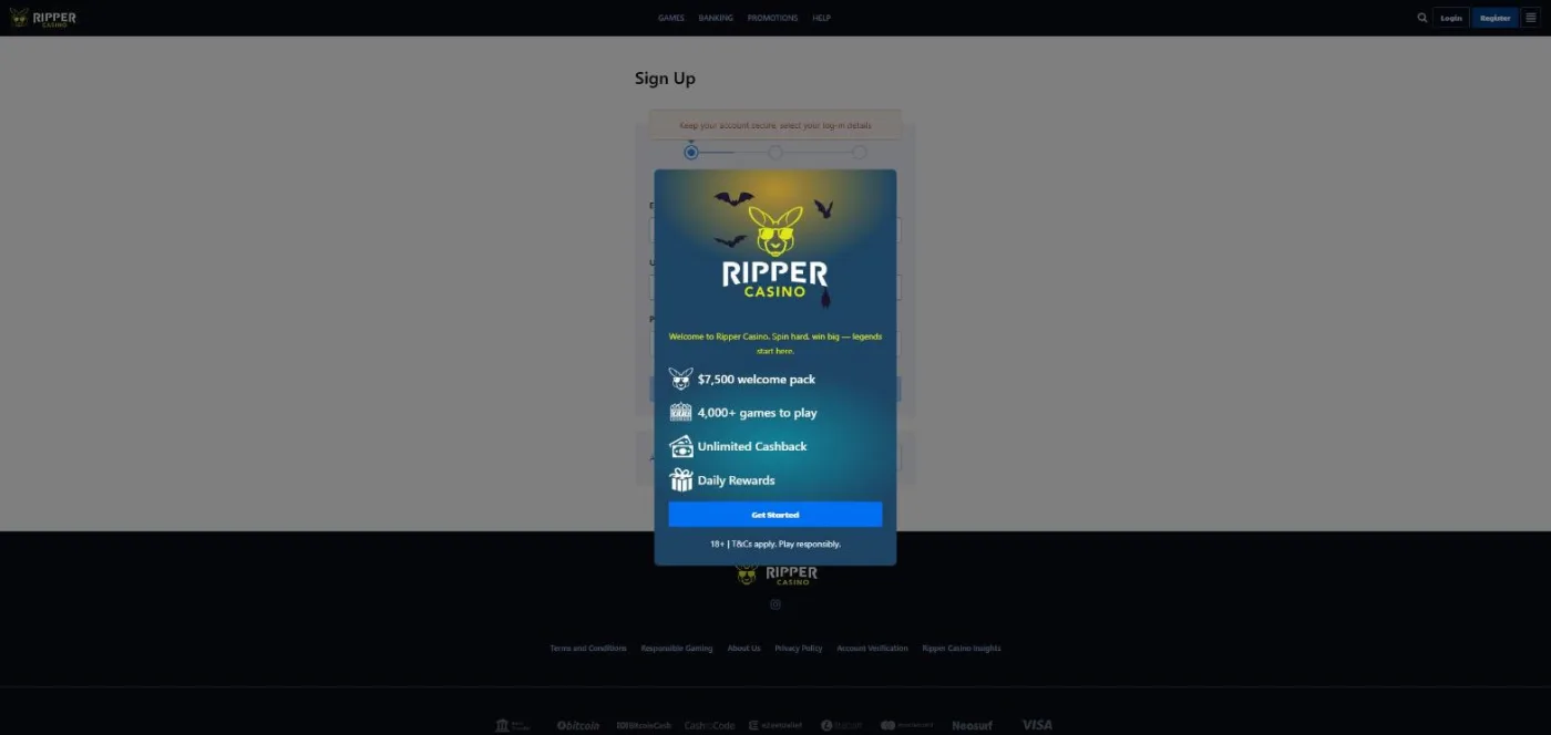 Welcome pop-up shown when you open the Ripper sign up page