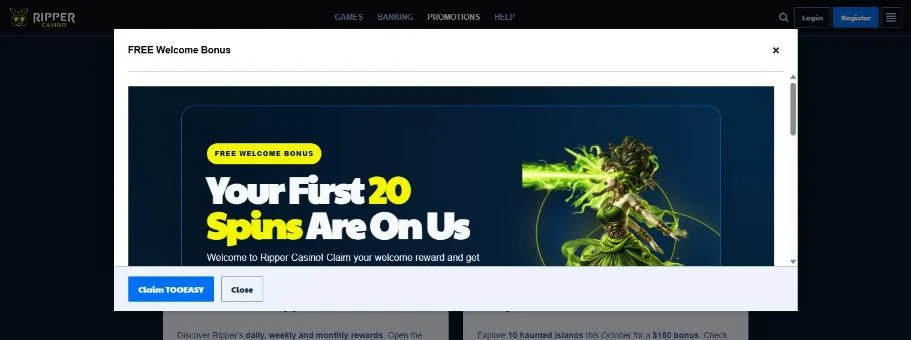 TOOEASY promo card: your first 20 free spins on the house