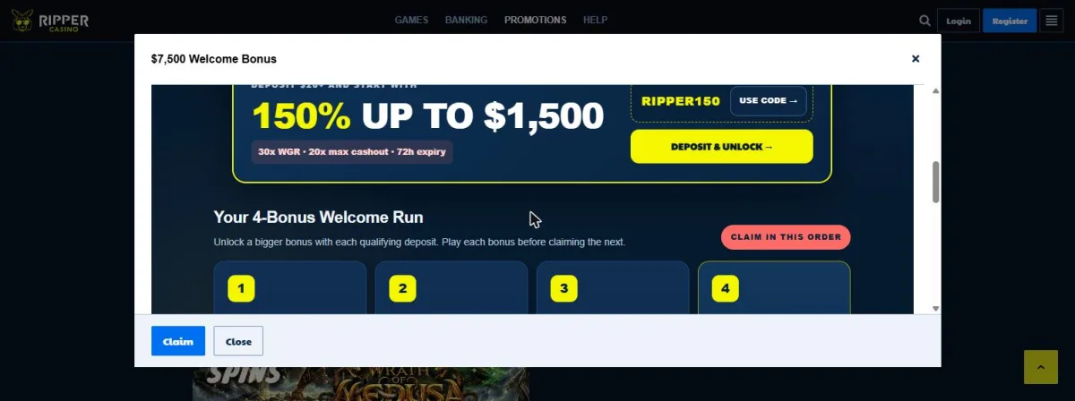 First deposit card of the Ripper welcome pack: 150% up to A$1,500